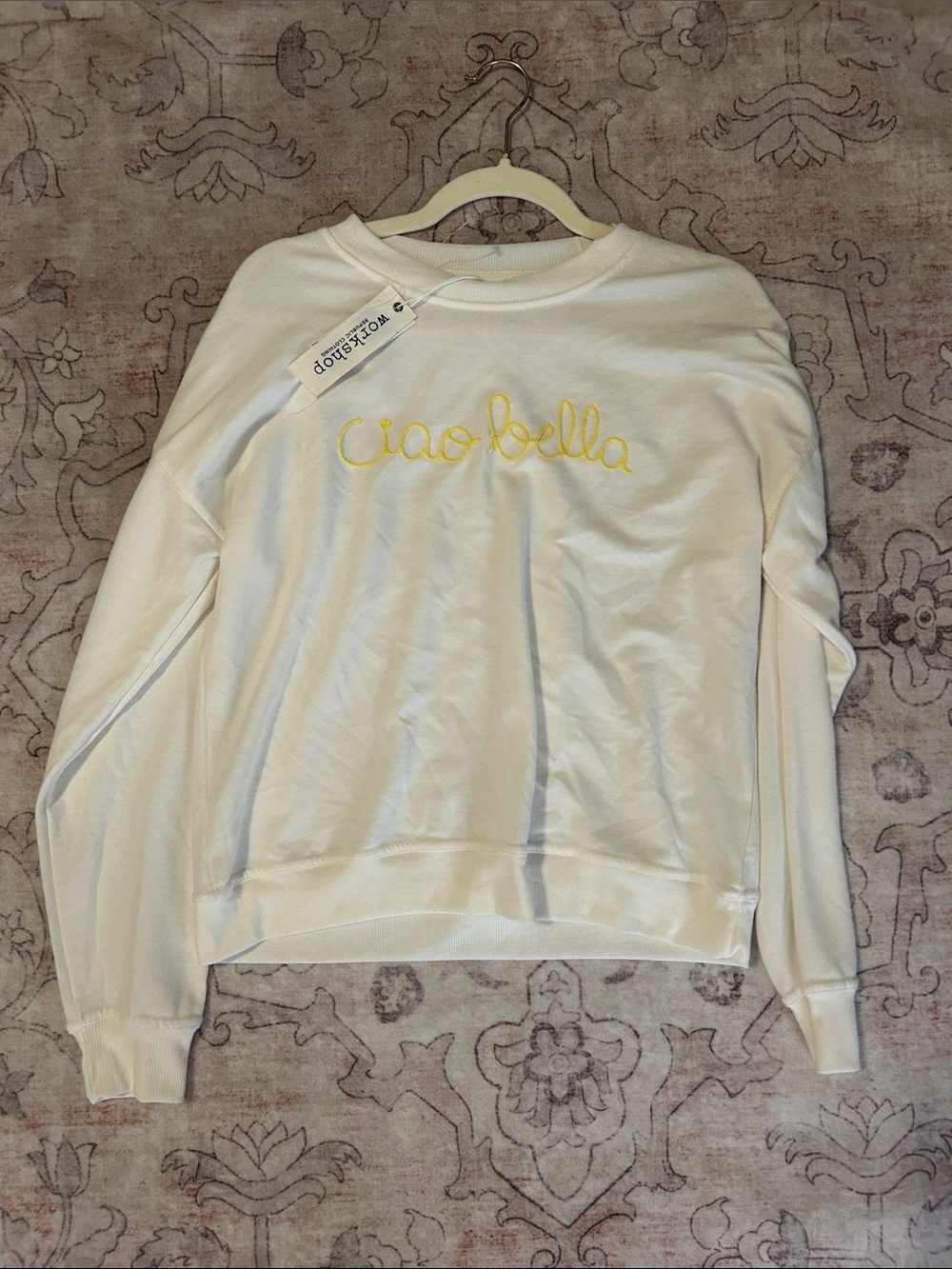 Workshop Republic Clothing White Sweatshirt with Yellow "ciao bella" Embroidery